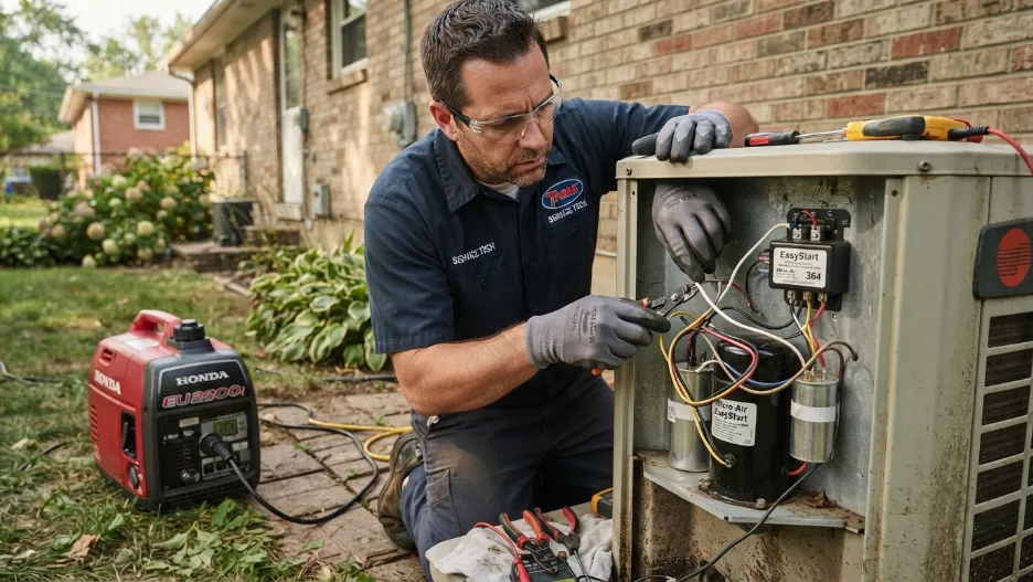 Technician installing soft-start device on air conditioner compressor
