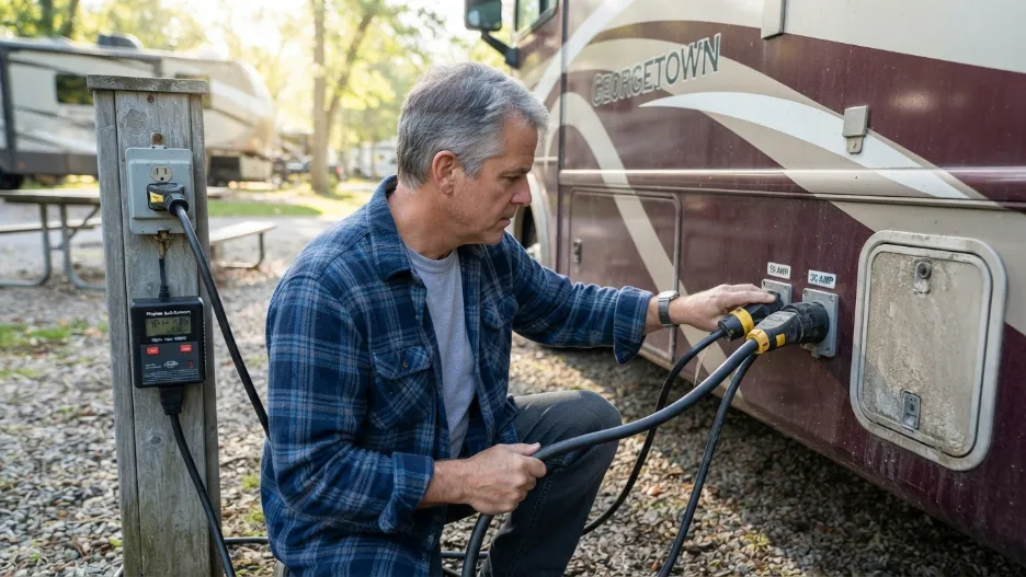 RV owner checking shore power connection and watt meter