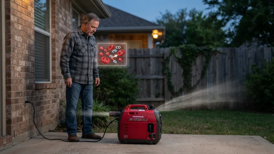 Generator exhaust illustrating invisible carbon monoxide danger.