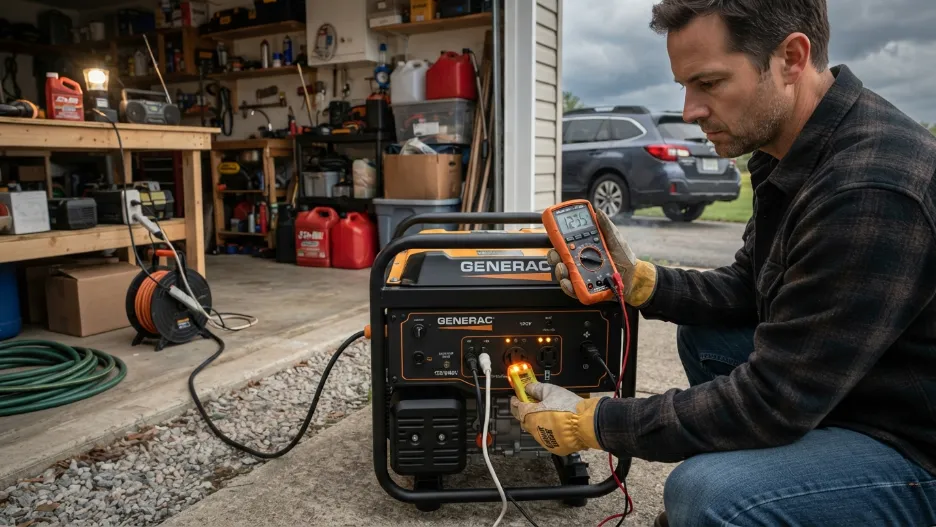 Homeowner checking portable generator voltage safely