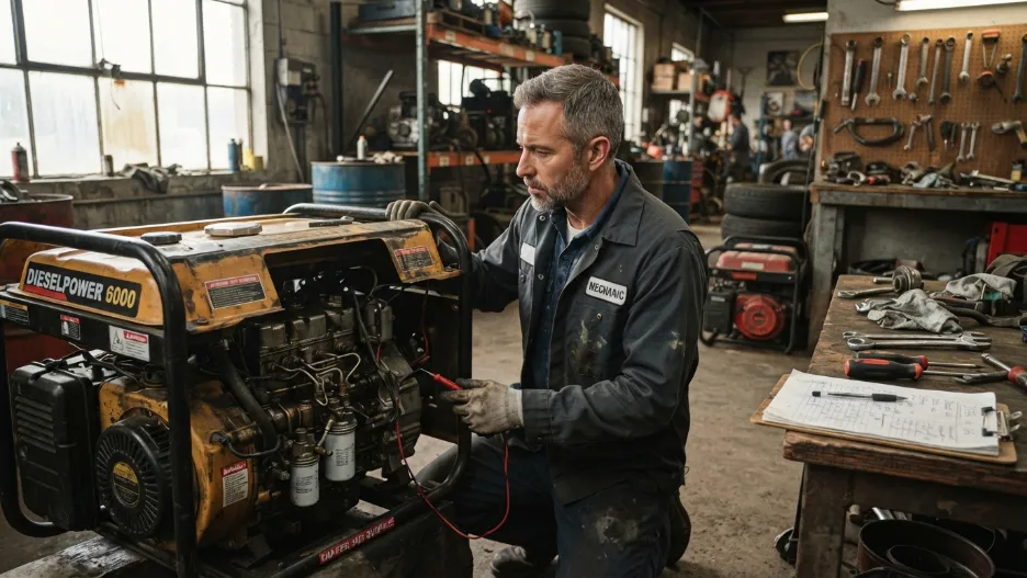 Mechanic inspecting efficient diesel generator engine