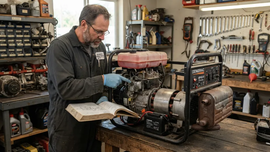 Technician inspecting portable generator core parts