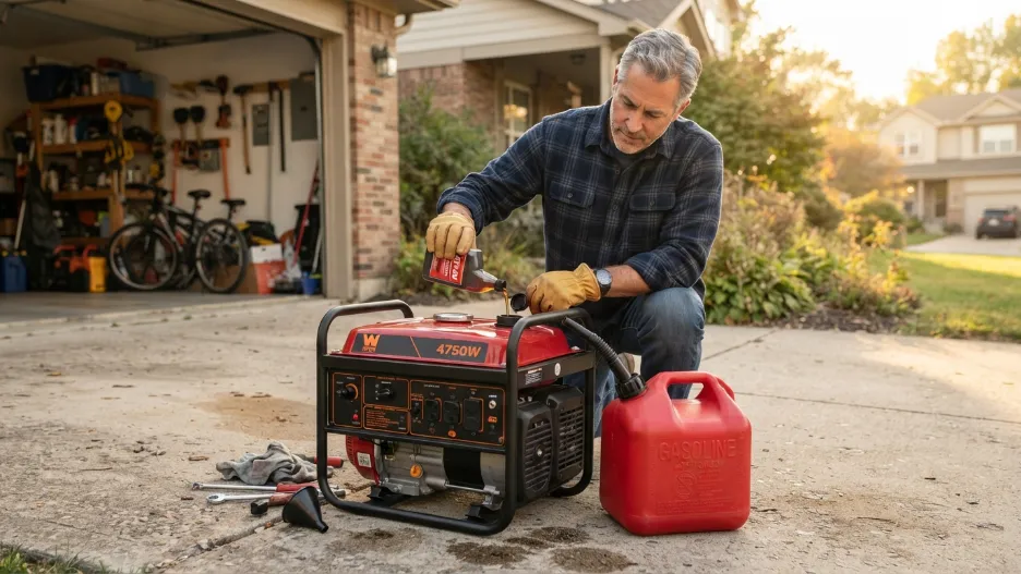 Homeowner adding fuel stabilizer to gasoline for portable generator