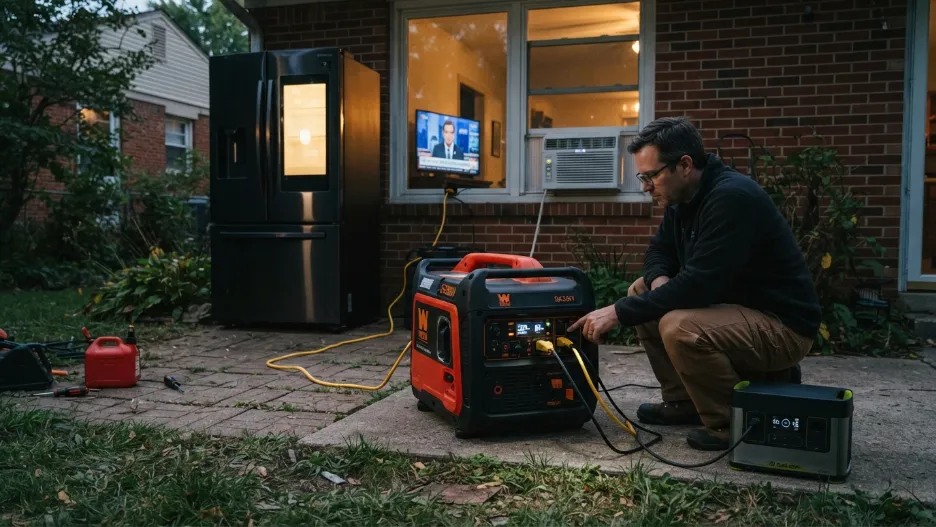 Fuel-powered portable generator supplying AC electricity to home appliances