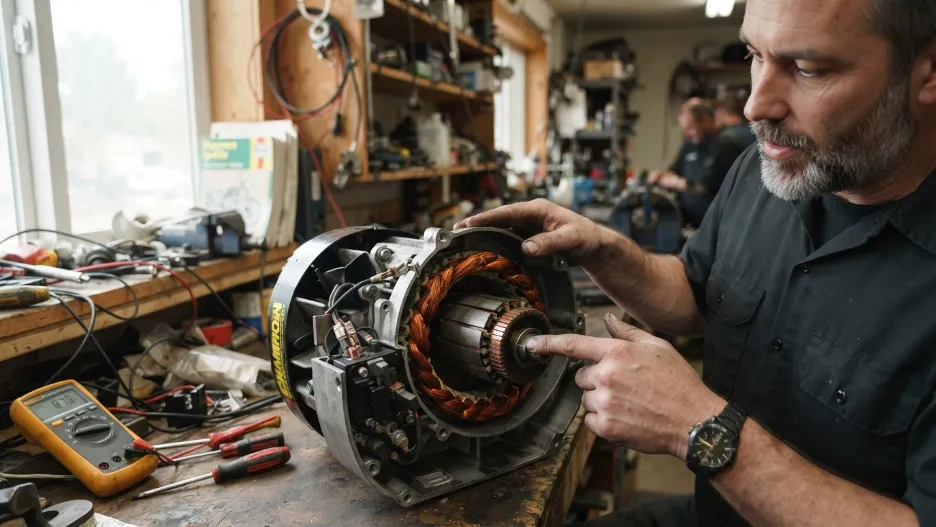 Cutaway portable generator alternator showing rotor and stator