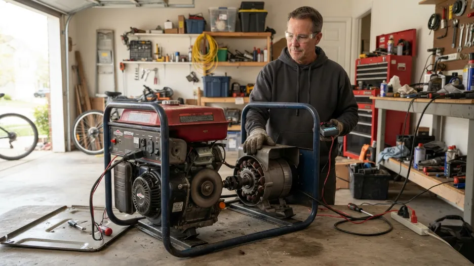 Portable generator engine connected to alternator system