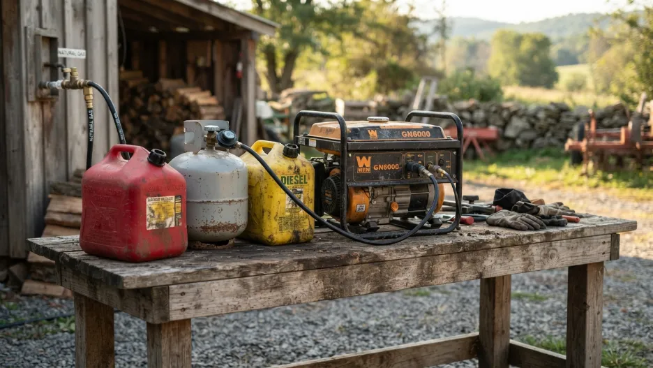 Generator displayed with gasoline, propane, diesel and natural gas fuel options