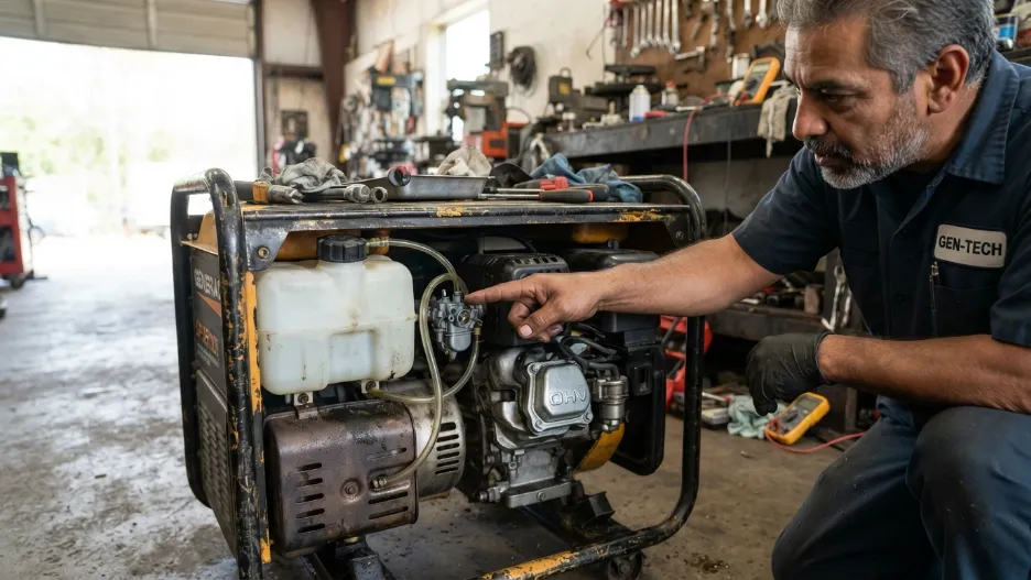 Close-up of portable generator carburetor and fuel system components