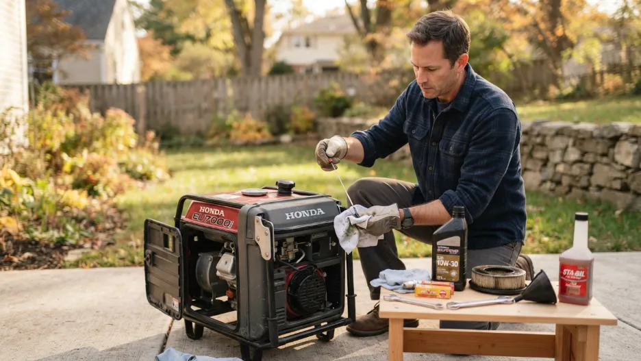 Homeowner maintaining portable generator engine