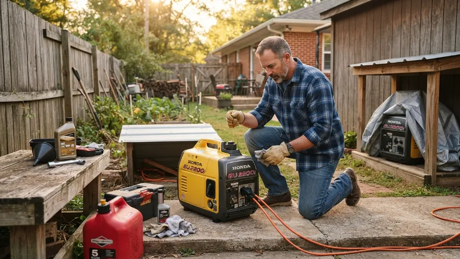 Homeowner maintaining portable generator outdoors
