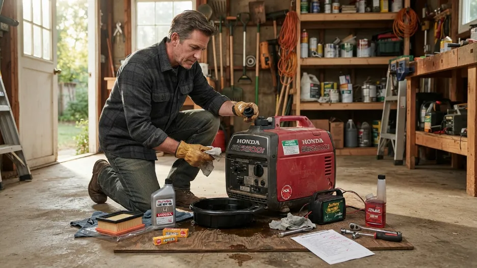 Person performing portable generator maintenance