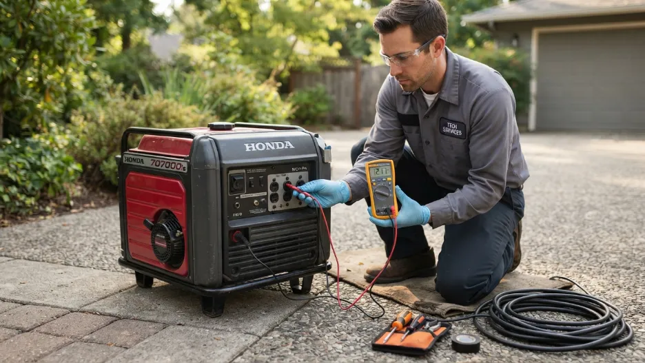 Multimeter testing portable generator outlet voltage