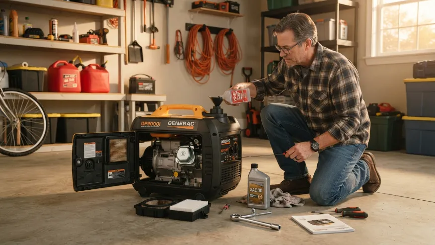 Homeowner maintaining portable generator before storage