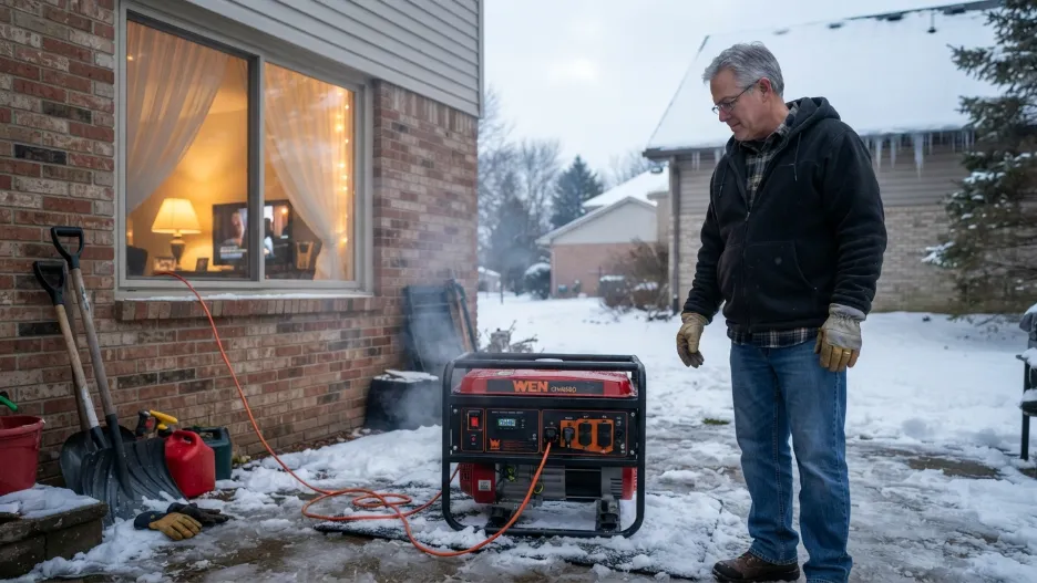 Homeowner checking generator load capacity outdoors