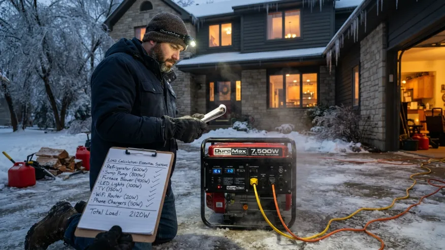 Homeowner calculating generator size during a power outage.