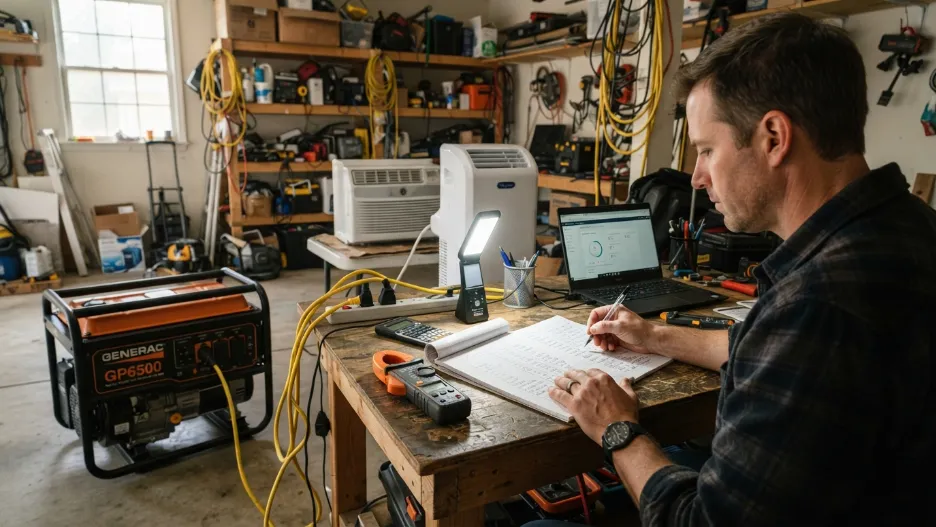 Homeowner calculating appliance watt requirements for portable generator
