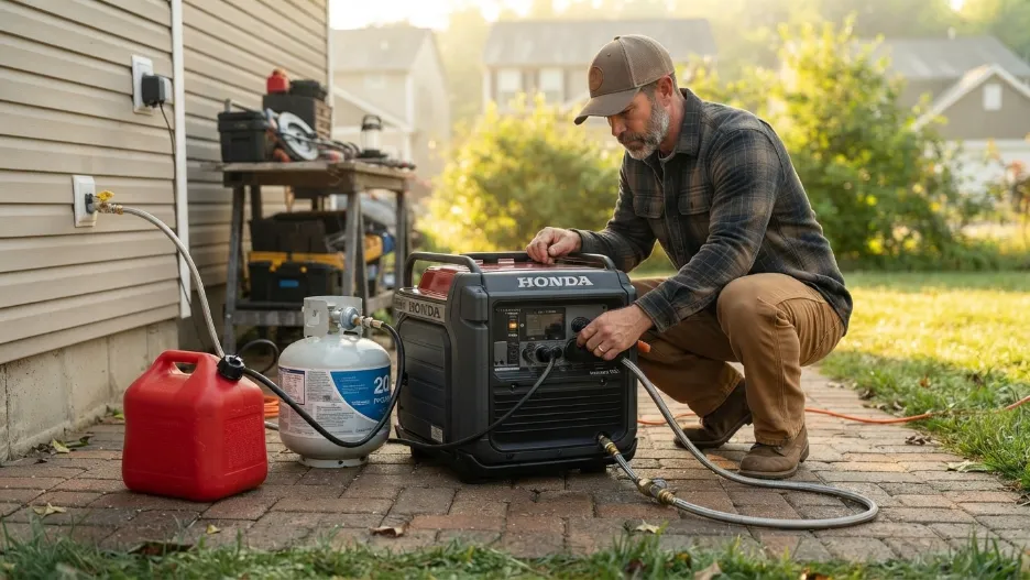 Tri-fuel generator showing gasoline propane and natural gas connections