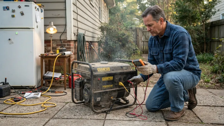 Person testing portable generator output voltage