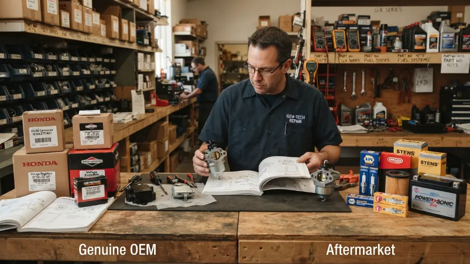 Generator parts comparison in repair workshop