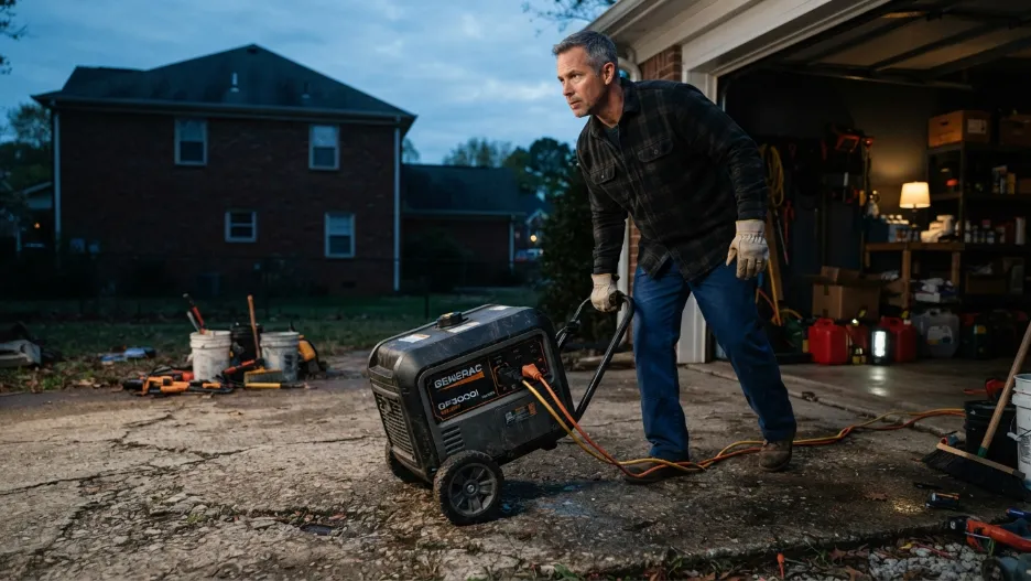 Person moving a portable generator during outage