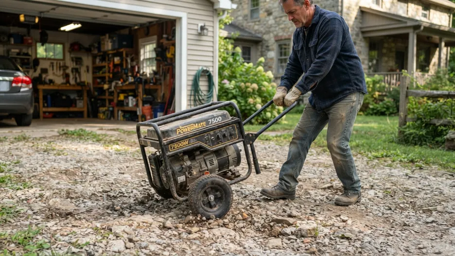 Person moving heavy portable generator with wheel