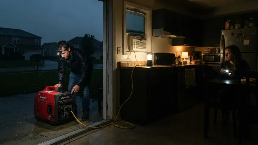 Home using portable generator for essential appliances.
