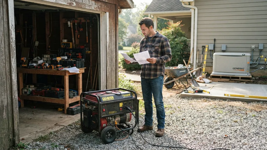 Homeowner comparing portable and standby generators.