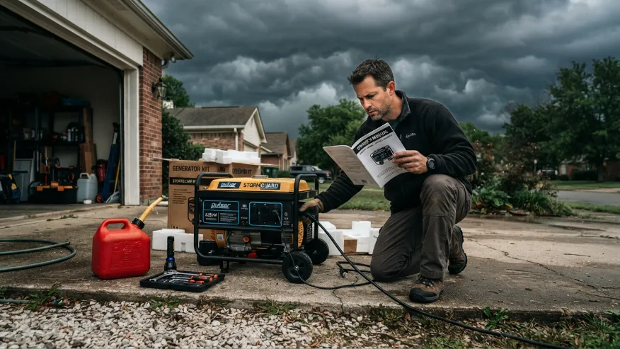 Homeowner quickly preparing a portable generator before a storm.