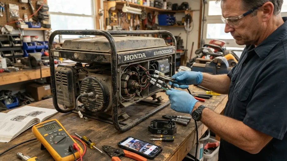 Technician replacing AVR module inside portable generator