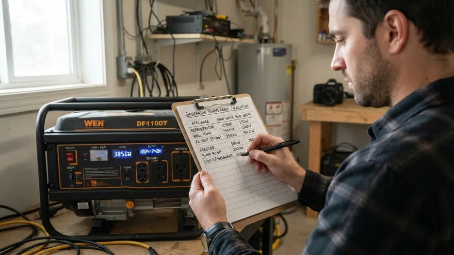 Person calculating generator watt requirements near equipment