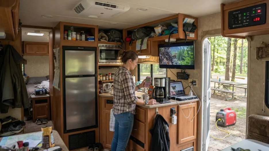 RV appliances connected while monitoring generator load