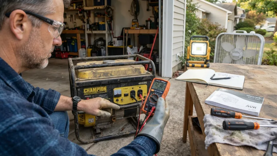 Homeowner testing portable generator AVR using a digital multimeter