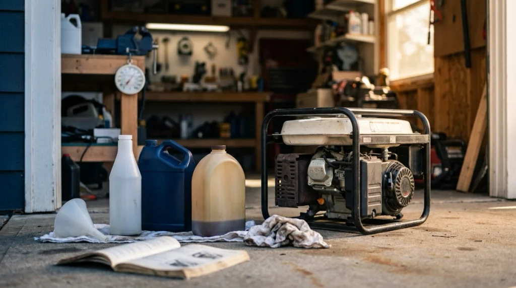 Portable generator with three oil choices representing SAE 30, 10W-30, and synthetic 5W-30.
