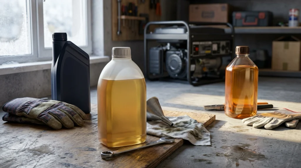 Three generator oil types representing 10W-30, synthetic 5W-30, and SAE 30 applications.