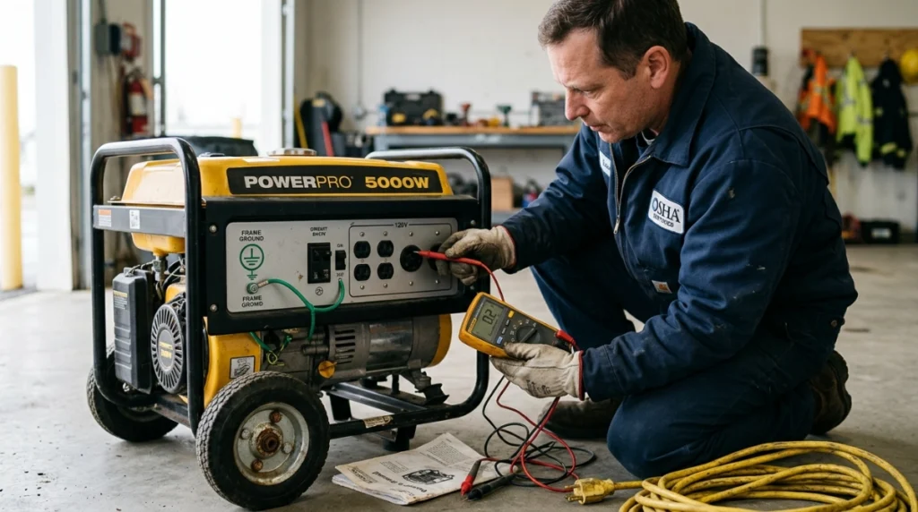 Electrician testing continuity between generator frame and receptacle ground terminal.