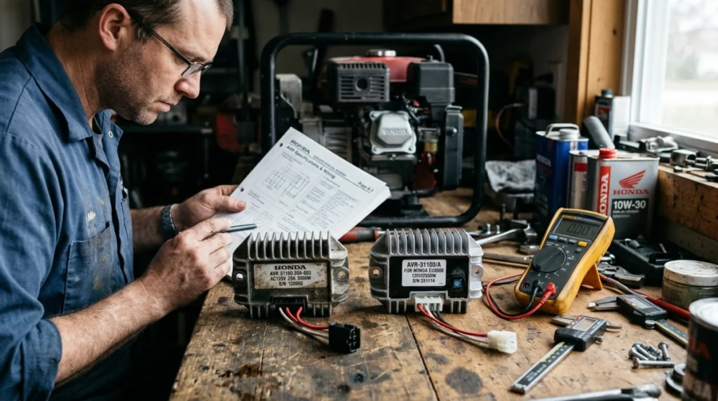 Original and replacement generator AVRs compared by connectors, part number, wiring, and mounting layout.