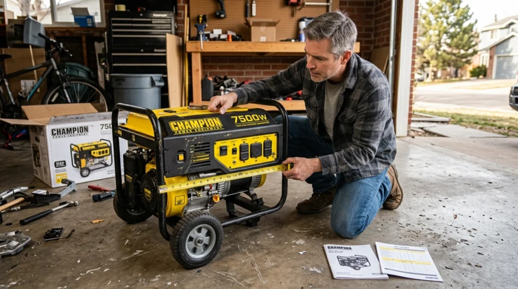 Homeowner measuring generator length, width, and height before choosing a fitted cover.
