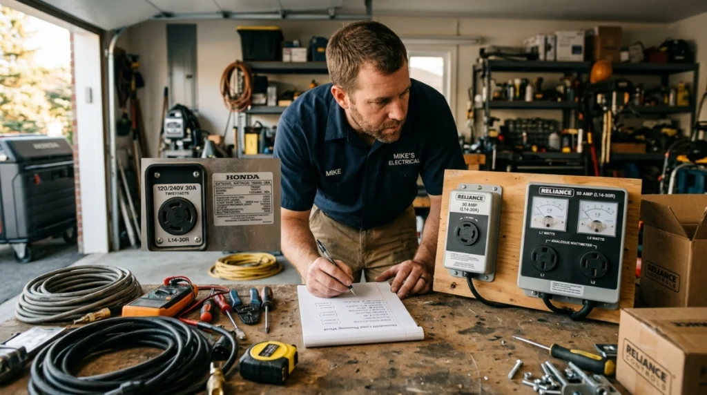 Electrician comparing 30-amp and 50-amp transfer switches with generator load requirements.