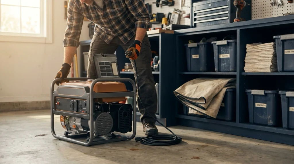 Clean portable generator drying in a garage before being covered for storage