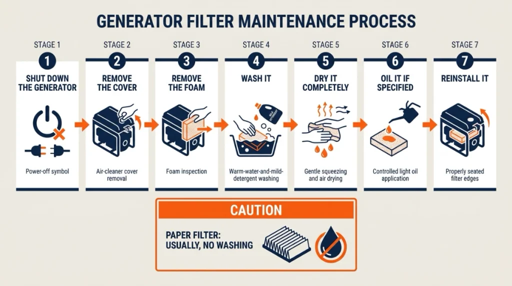 Seven-step generator foam air filter cleaning process from shutdown through correct reinstallation.