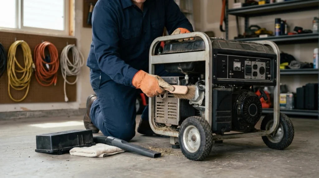 Homeowner safely cleaning a portable generator with brush and vacuum before damp wiping