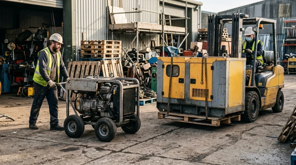 Heavy diesel generators moved with wheel kit and forklift, showing the limits of real portability.