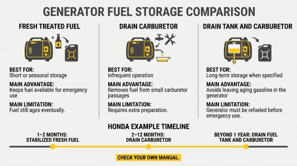Comparison of treated fuel, carburetor draining, and full fuel-system draining for generator storage.