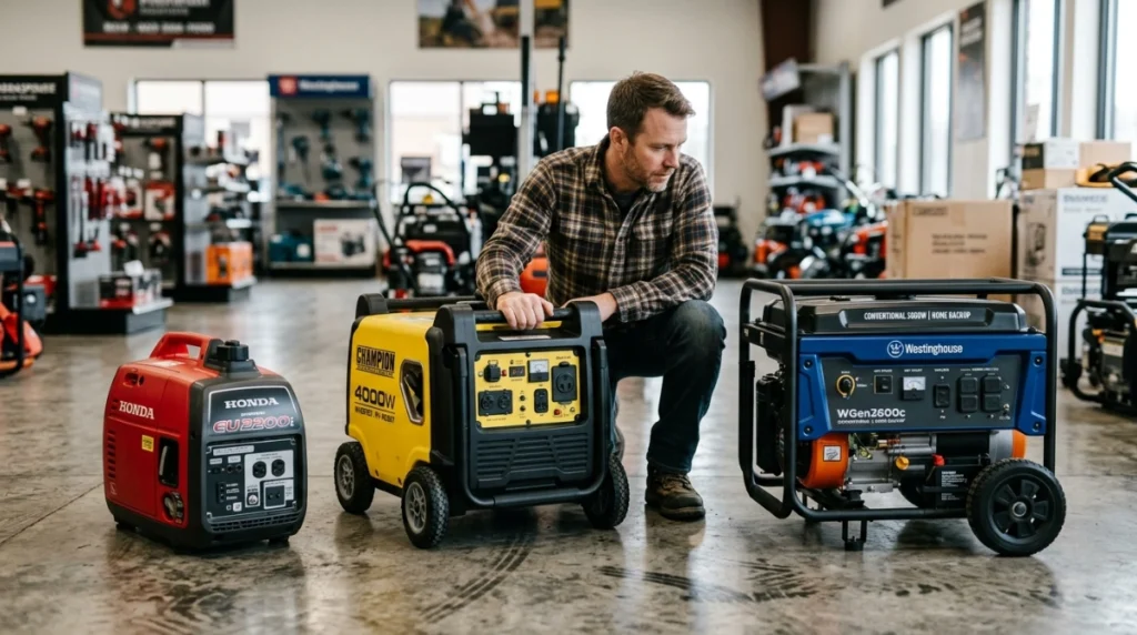 Three generator classes compared for quiet portable power, higher inverter output, and conventional value.