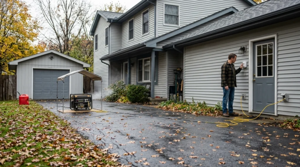 Generator safely outdoors 20 feet from a home with exhaust away, CO alarm, and heavy-duty cord.