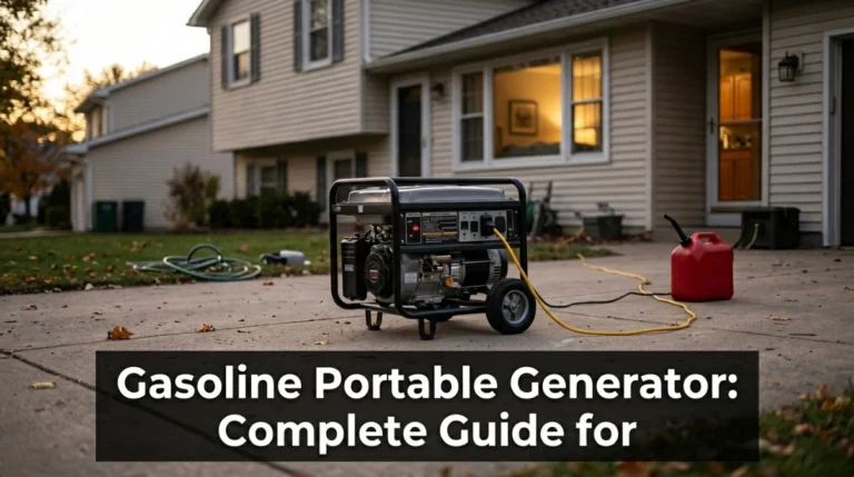 Gasoline portable generator outdoors beside a home with the complete