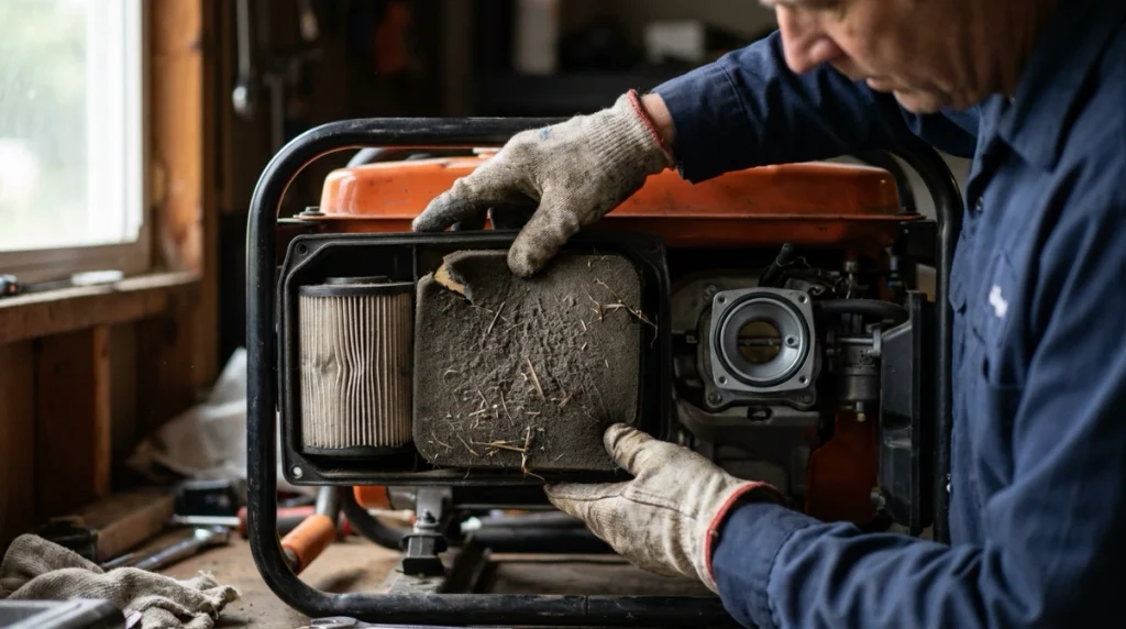 Dirty generator air filter showing heavy dust, grass debris, damaged foam, and poor sealing