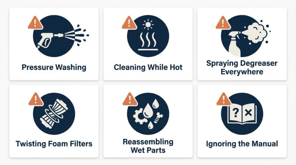 Infographic showing six common portable generator cleaning mistakes to avoid