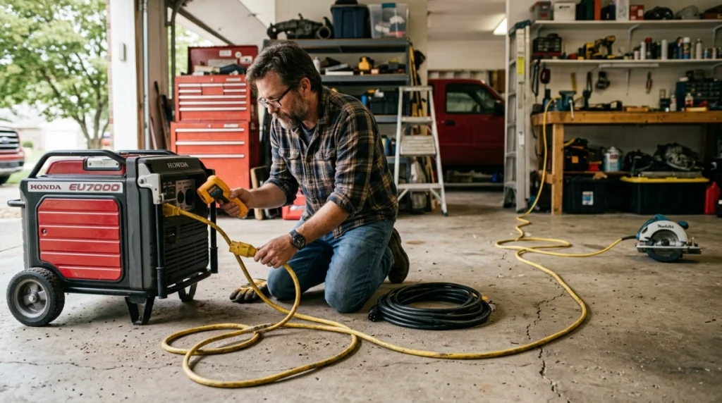 Long generator cord powering a tool while a homeowner checks plug temperature and voltage-drop concerns.