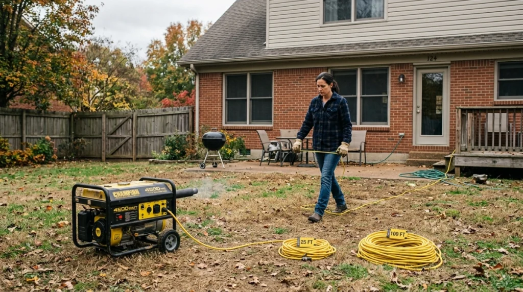 Portable generator placed away from a home with a heavy outdoor cord running across the yard.